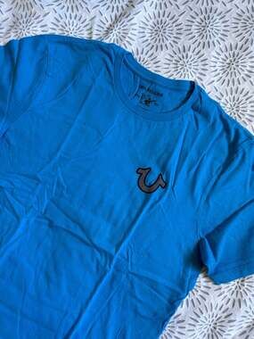 True Religion Men's L Buddha Graphic Crew Neck T-Shirt Blue